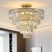 Gold Crystal Chandeliers,5-Tier Round Semi Flush Mount Chandelier Light Fixture,Large Contemporary Luxury Ceiling Lighting for Living Room Dining Room Bedroom Hallway