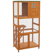 PawHut 74' Wooden Outdoor Cat House Weatherproof & Wheeled, Catio Outdoor Cat Enclosure with High Weight Capacity, Kitten Cage Condo, Orange