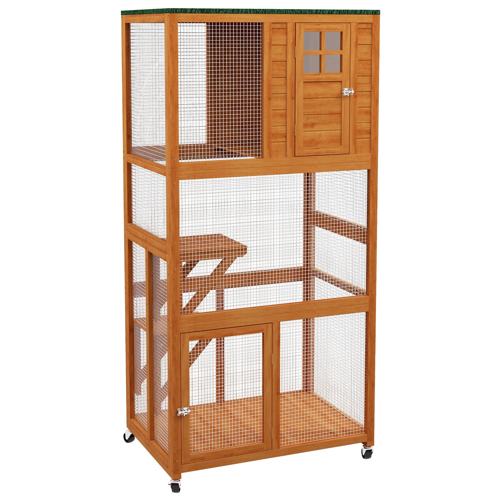 PawHut 74' Wooden Outdoor Cat House Weatherproof & Wheeled, Catio Outdoor Cat Enclosure with High Weight Capacity, Kitten Cage Condo, Orange