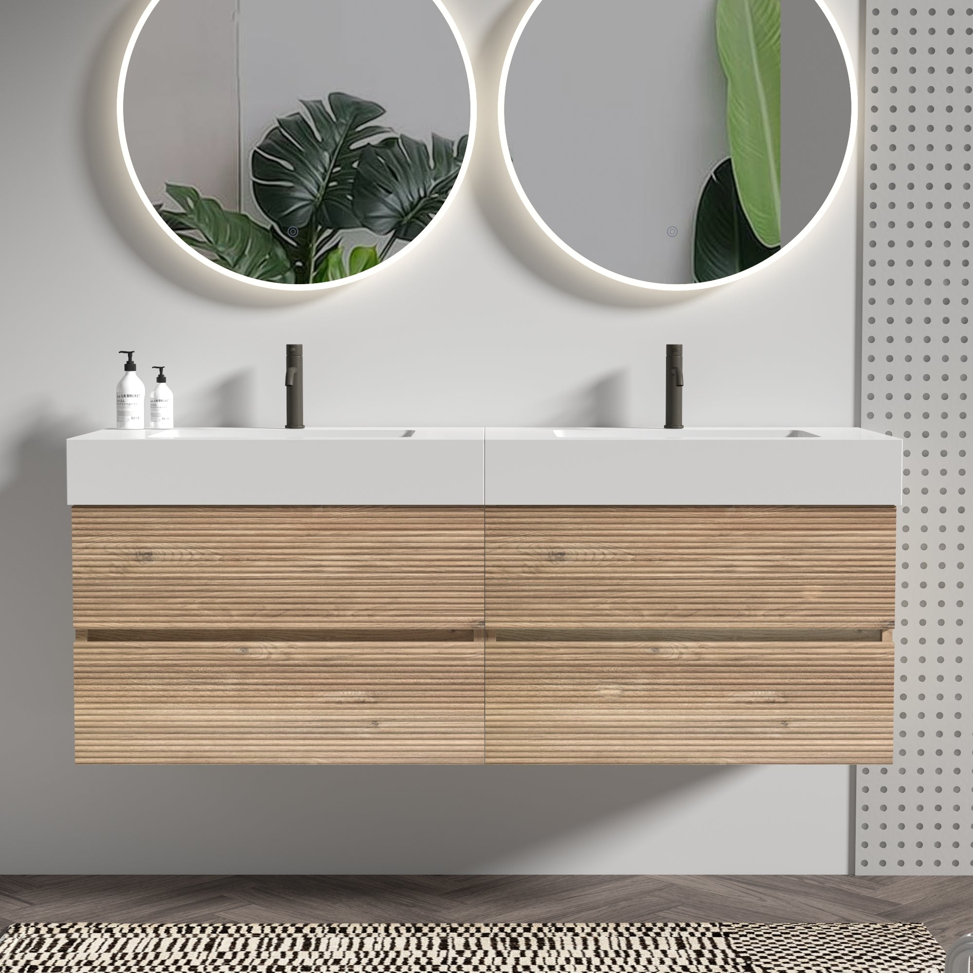 Grace 60'' Bathroom Vanity with Oak Engineered Quartz Sink and Soft Black Drawers, Wall Mounted Floating Bathroom Vanity for Modern Bathroom, One-Piece White Glossy
Basin, KD