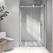 4876 Brushed Nickel frameless one fixed and one shifted Shower Door, 70MM 304 SUS large pulleys with adjustable soft closing function,with nano easy cleaning and stick explosion-proof menbrance