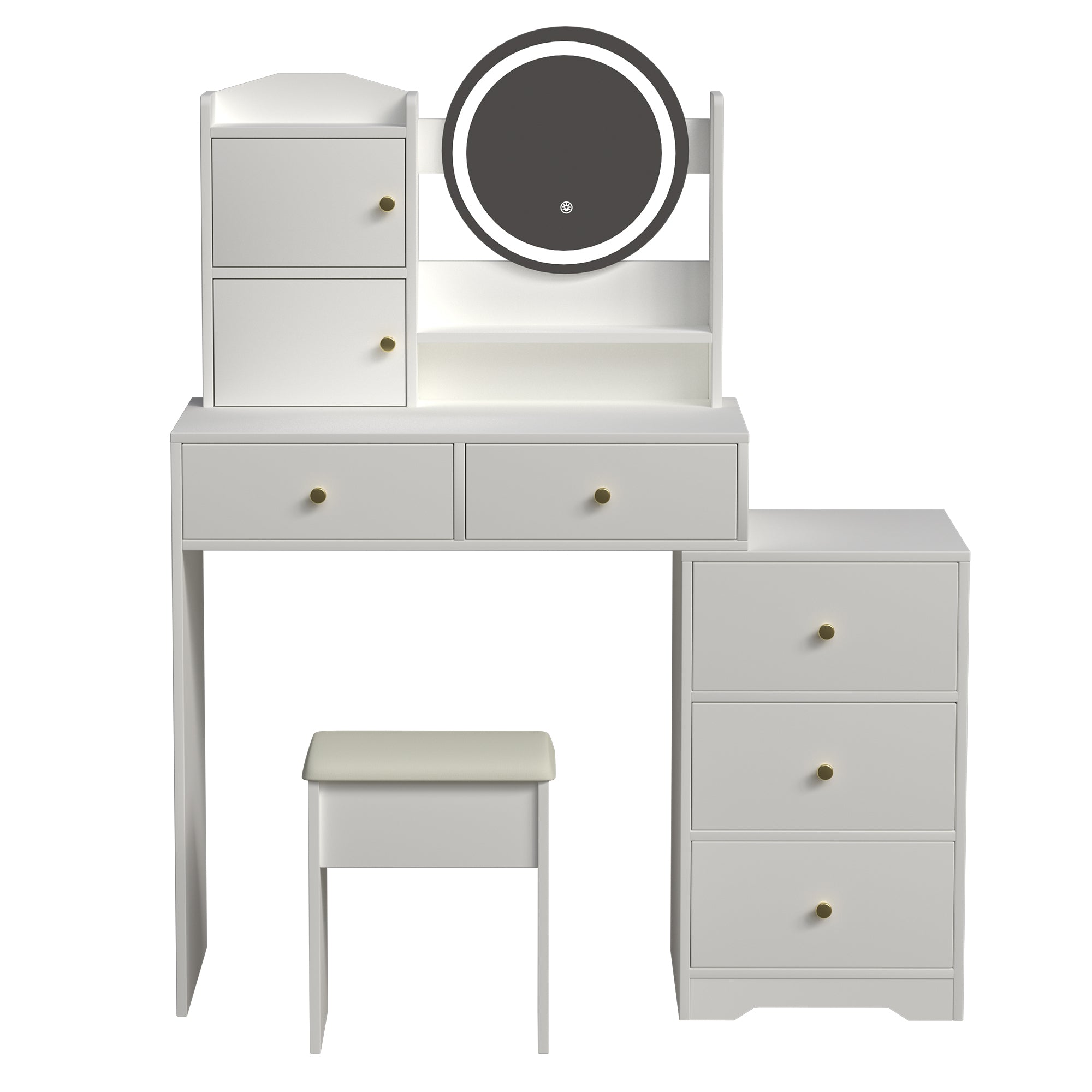 Fashion Vanity Desk with Mirror and Lights for Makeup and Cushioned Chair, Adjustable 3 Color Lighting,White
