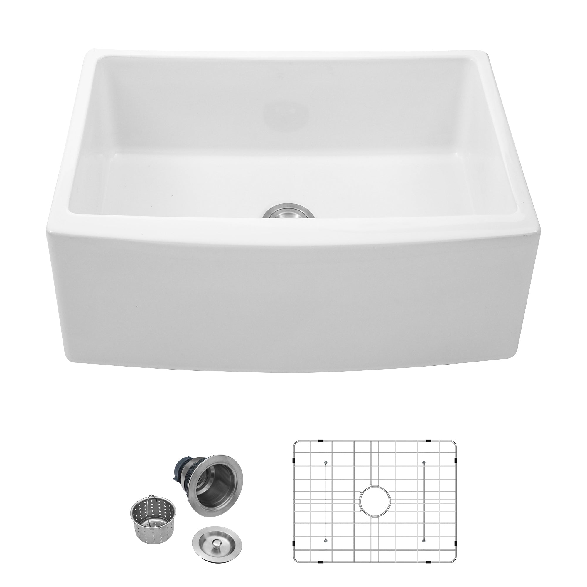 White Ceramic Farmhouse Sink 24 inch Apron Front Single Bowl with Arch Edge for Modern Kitchen, White, Ceramic, 24 x 19 x 10 inches