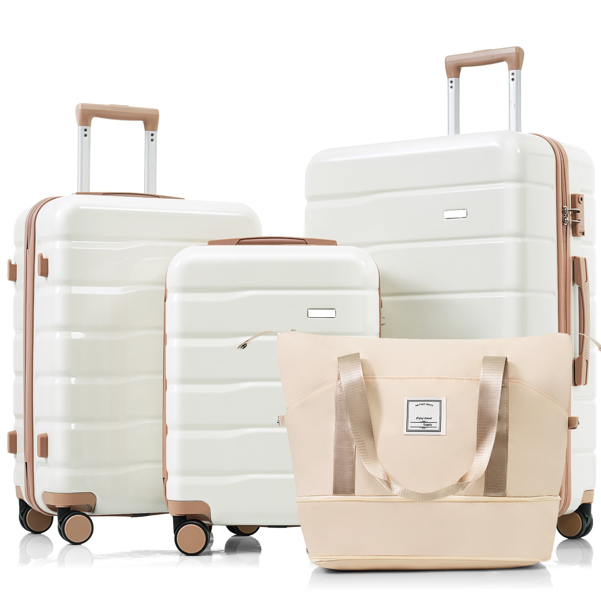 Luggage Sets 4 Piece, ABS Durable Suitcase with Travel Bag, ABS Hard Shell Luggage with Spinner Wheels, ivory and golden