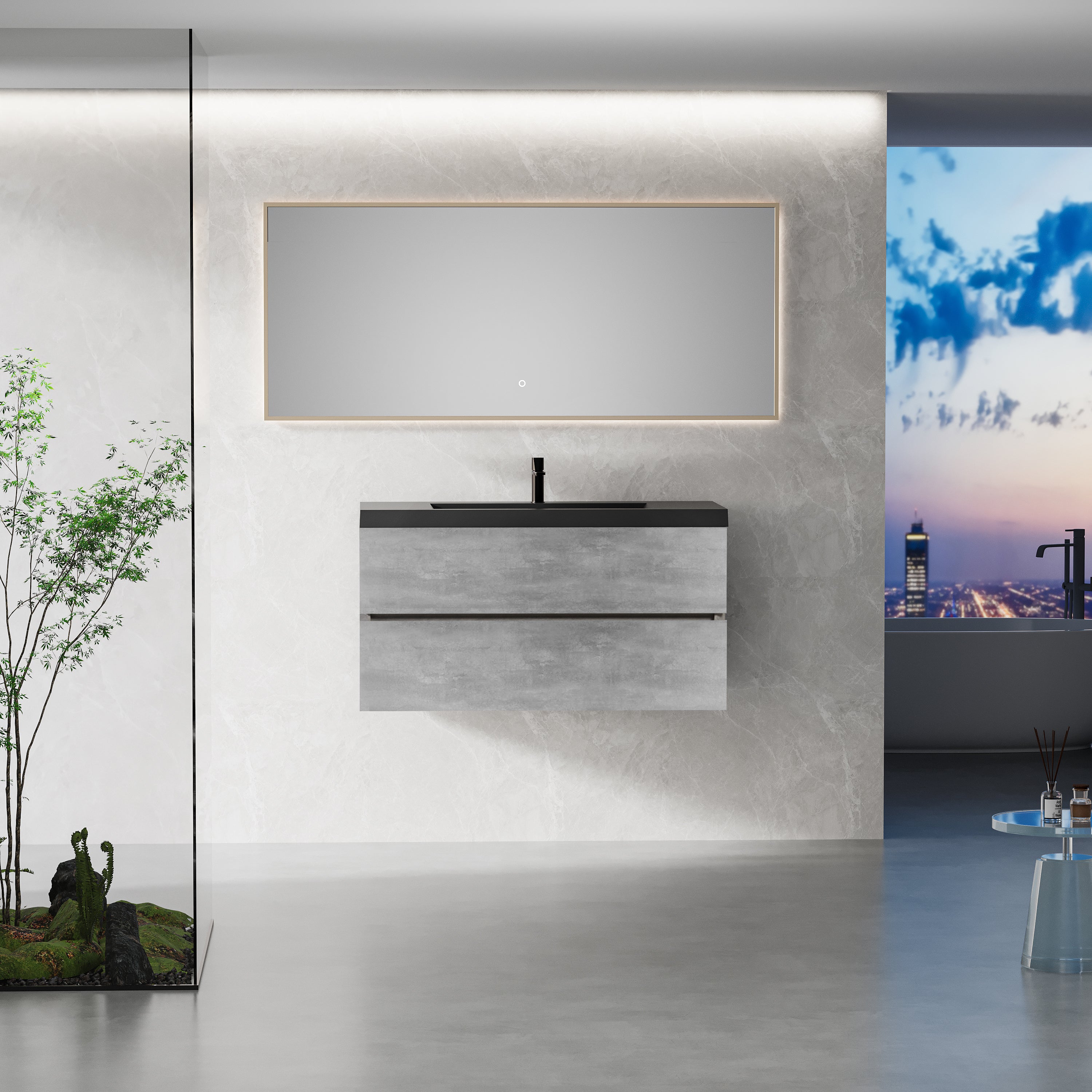42' Floating Bathroom Vanity with Sink, Modern Wall-Mounted Bathroom Storage Vanity Cabinet with Black Quartz Sand Top Basin and Soft Close Drawers, EDI-Series Cement Grey 24V12-42GR