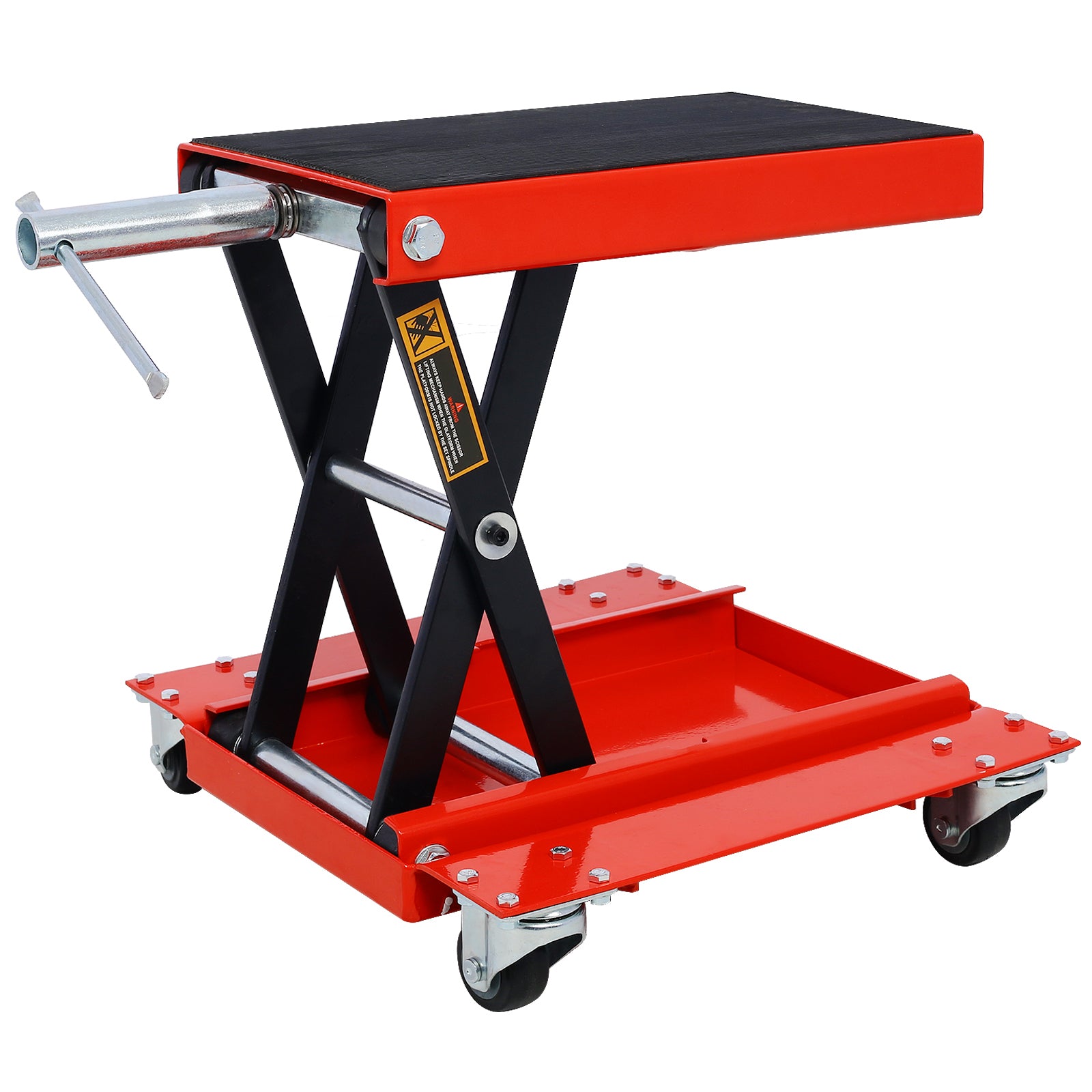 Heavy-Duty Motorcycle Lift Jack with Dolly Tray and Wide Deck, Red Steel, 16.50 x 14.70 x 15.70 inches