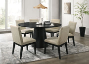 Jasper Ebony Black 7 Piece 59'W Round Dining Table Set with Pedestal Base and Beige Fabric Chairs