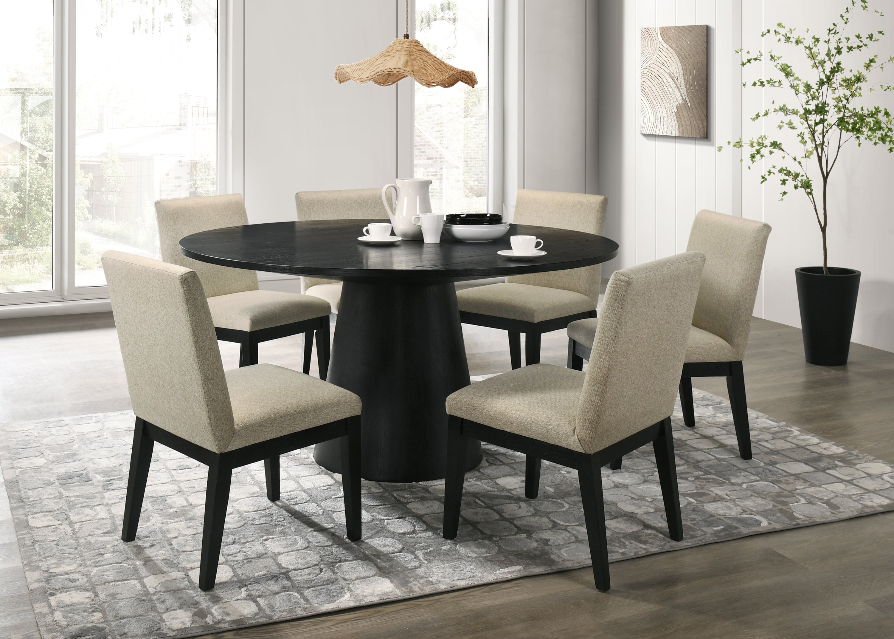 Jasper Ebony Black 7 Piece 59'W Round Dining Table Set with Pedestal Base and Beige Fabric Chairs
