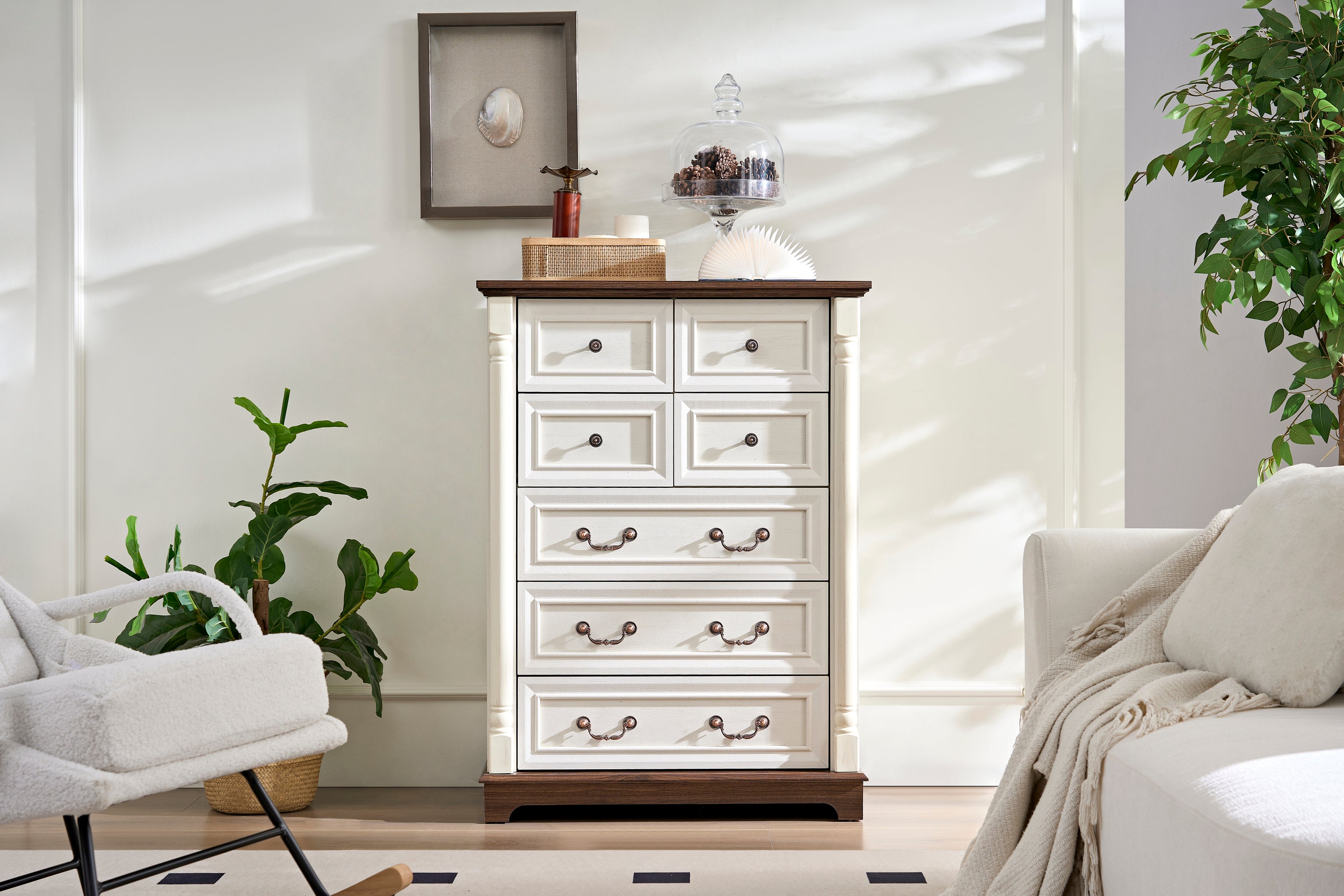 7 Drawer Dresser Chest for Bedroom with Wooden Base and Riser Trim, Wooden Rustic Rustic Chest of Drawers, Storage Dresser for Bedroom, Living Room