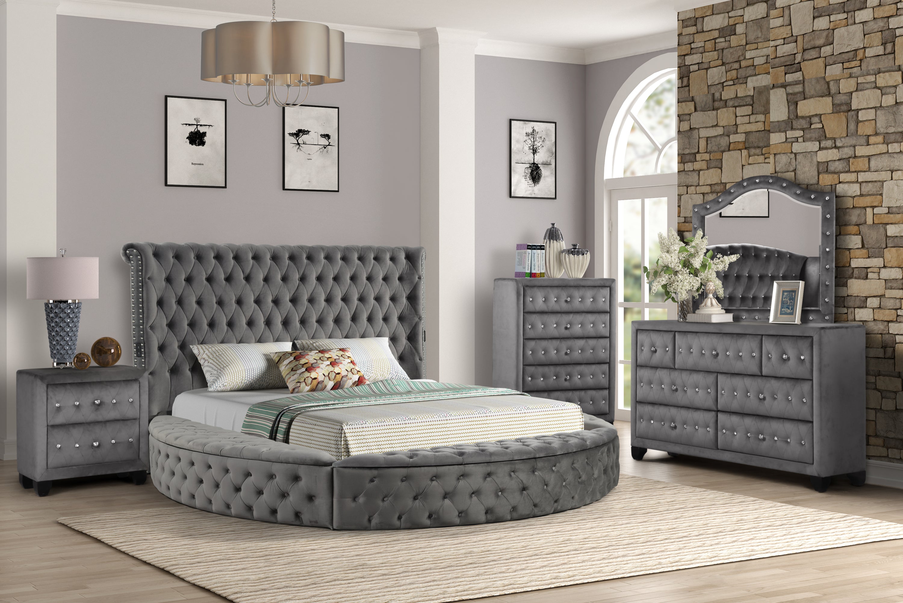HAZEL Queen 5 Pc Tufted Upholstery Bedroom Set Made with Wood In Gray(CA INVENTORY)