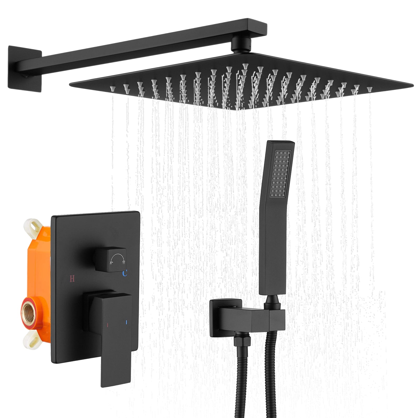 Shower System Shower Faucet Combo Set Wall Mounted with 12' Rainfall Shower Head and handheld shower faucet, Matte Black Finish with Brass Valve Rough-In