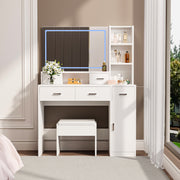 White dressing table with LED 3-color illuminated mirror and power outlet, dressing table with drawers, storage box and shelf, dressing table with bedroom cushioned stool