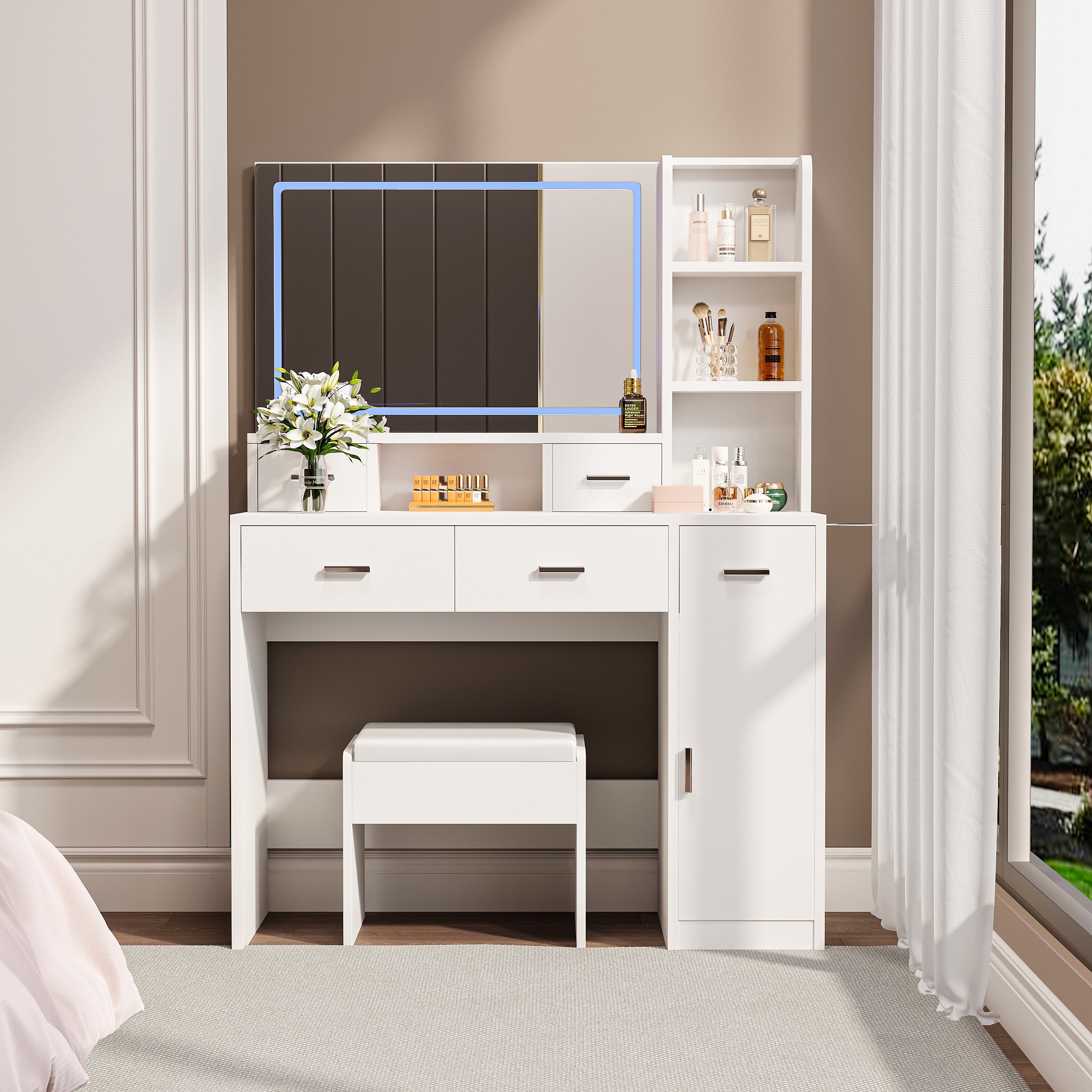 White dressing table with LED 3-color illuminated mirror and power outlet, dressing table with drawers, storage box and shelf, dressing table with bedroom cushioned stool