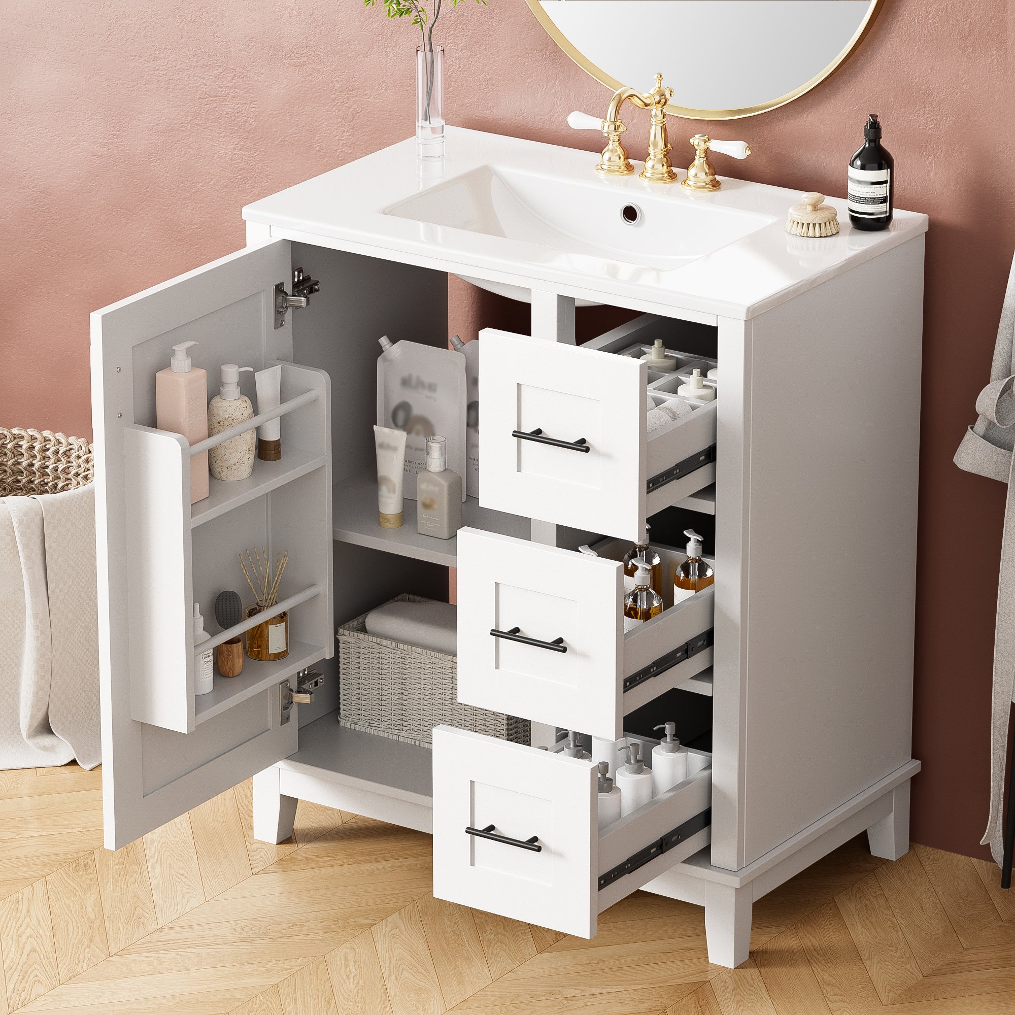30-inch bathroom vanity with ceramic sink, rubberwood frame, MDF panels, one door with double storage racks, 3 drawers (one divided), soft-close hinges, and modern minimalist design