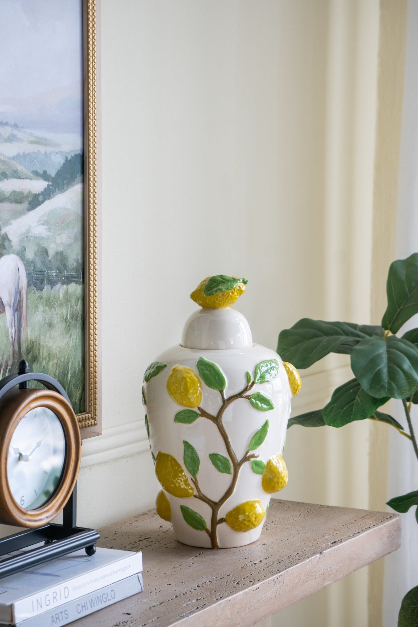 8.7x8.7x15' White Ceramic Lidded Jar with Playful Lemon Design