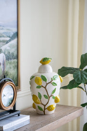 8.7x8.7x15' White Ceramic Lidded Jar with Playful Lemon Design