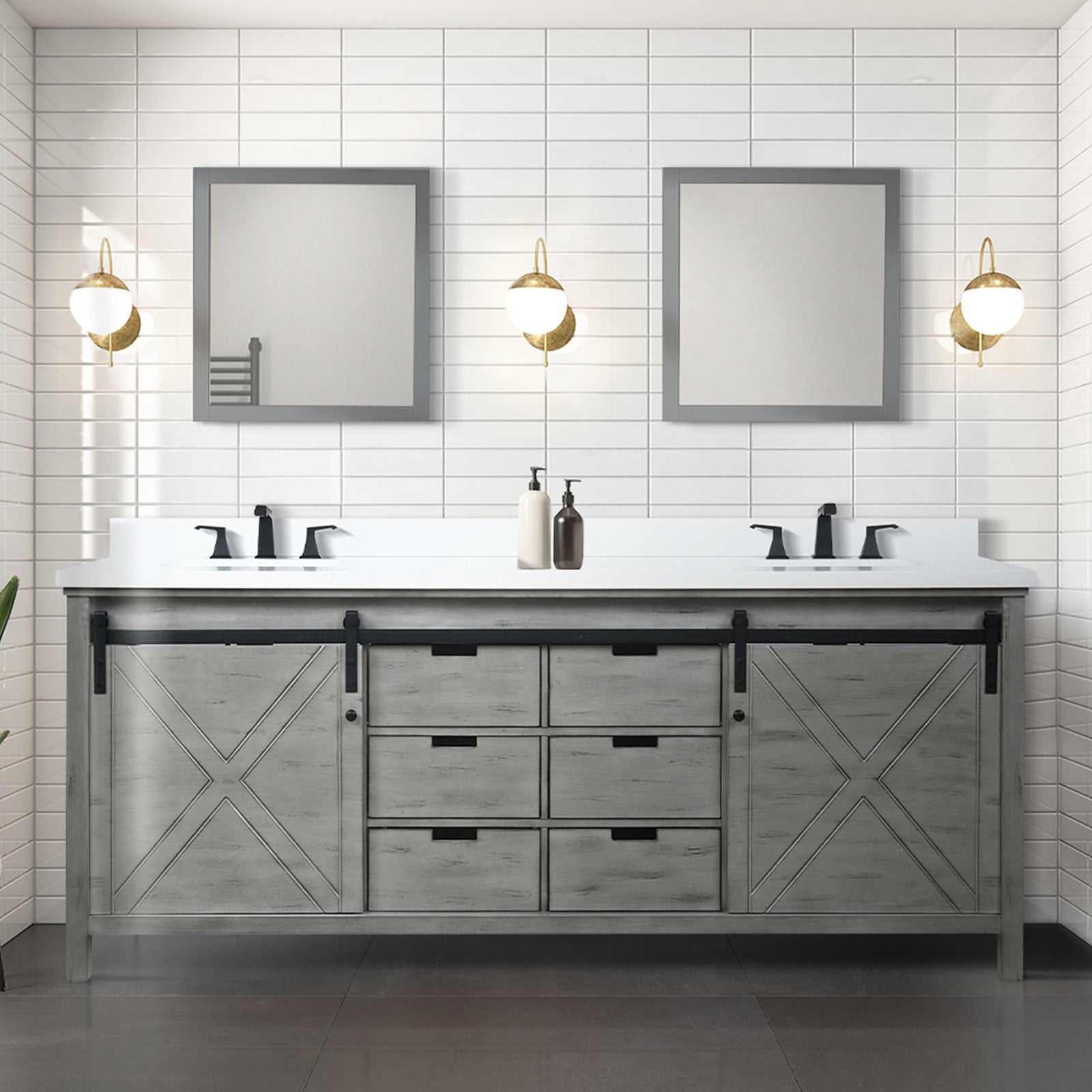 Ash Grey Double Bath Vanity 84 in. W x 22 in. D, White Quartz Countertop and Faucet Set