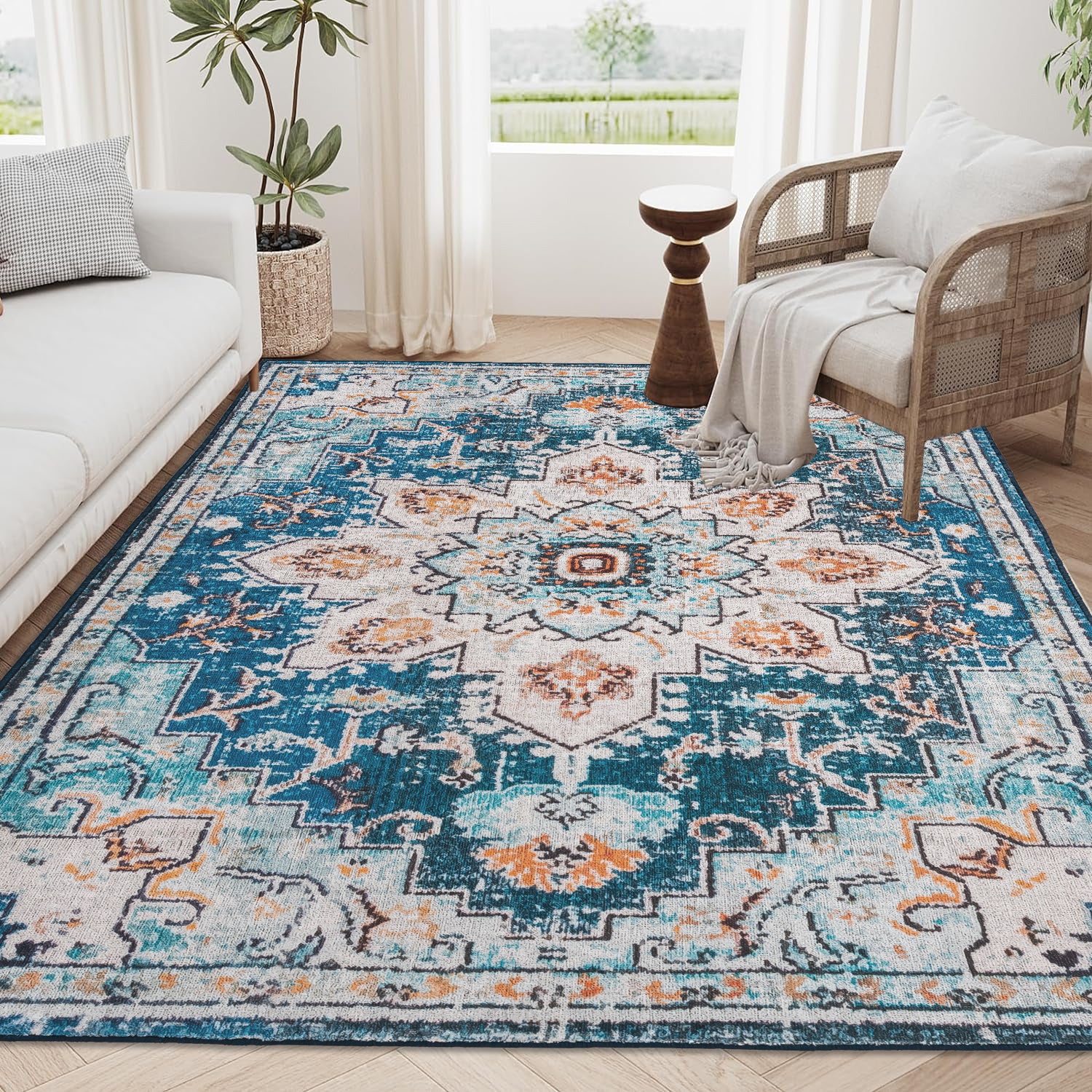 Area Rug 6x9 Vintage Bohemia Large Persian Non-slip Washable Rug For Living Room Kitchen Bedroom Living Room Flower Design Blue/Gold