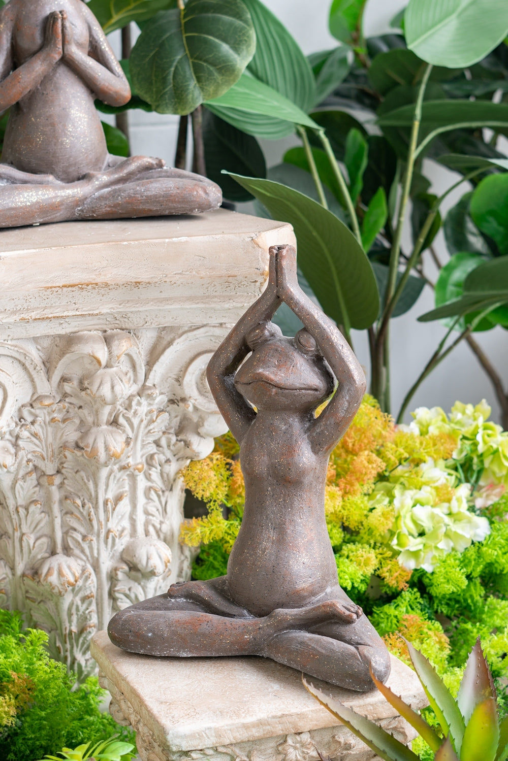 11.5x6.5x15' Brown Magnesium Yoga Frog Figurine in Namaste Pose with Gold Accents