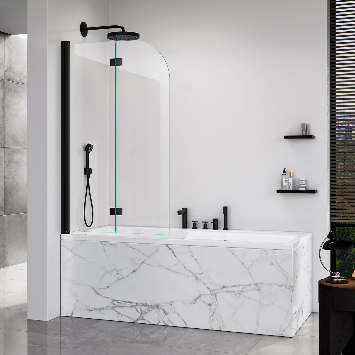 Frameless Double- Folding Shower Doors for Bathtub, 1/4' (6mm) Thick SGCC Tempered Glass Door, Bathroom Pivot Tub Glass Door 34 Inch. L * 58 Inch. H---Matte Black