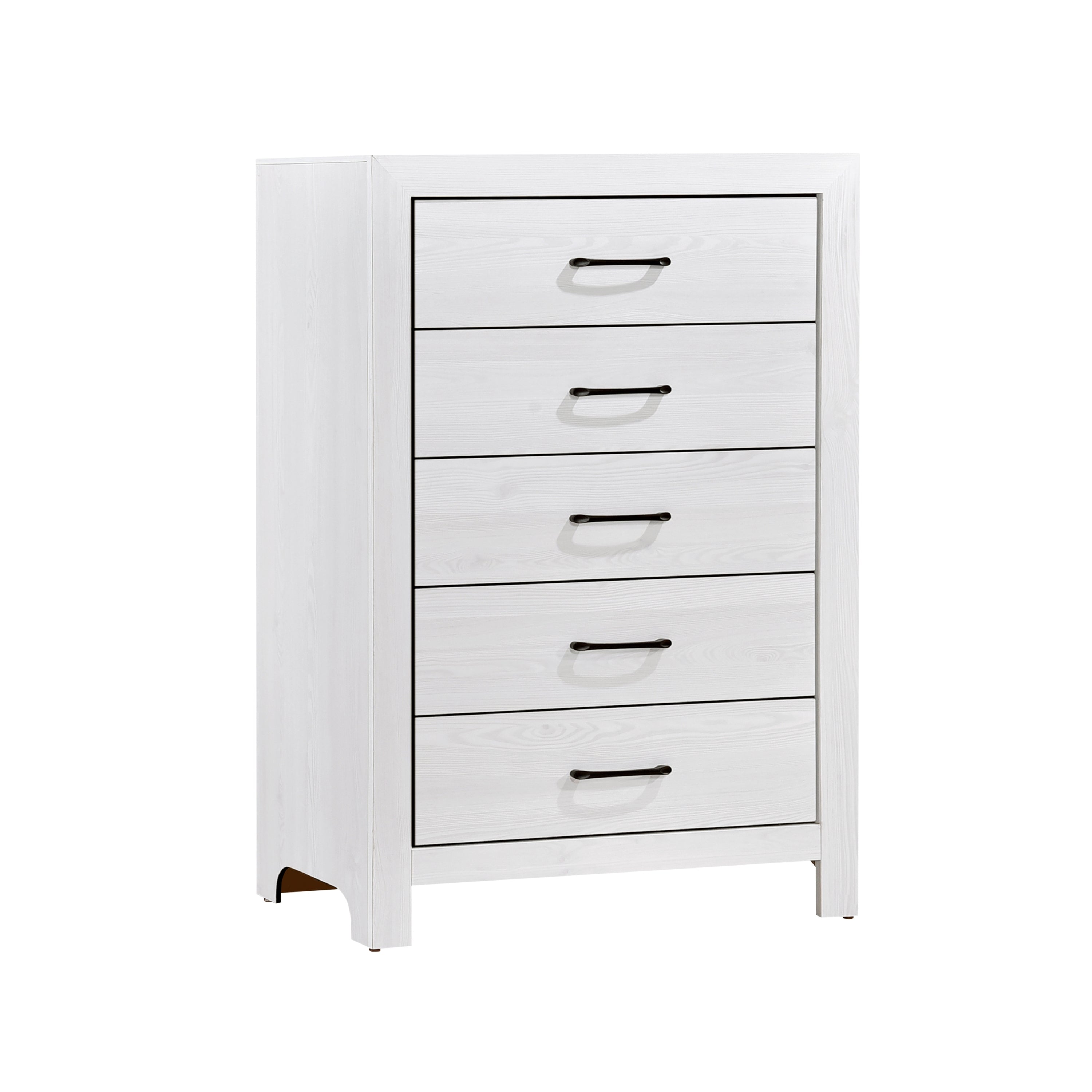 White Finish Bedroom Storage Chest of 5x Drawers Black Hardware Furniture 1pc
