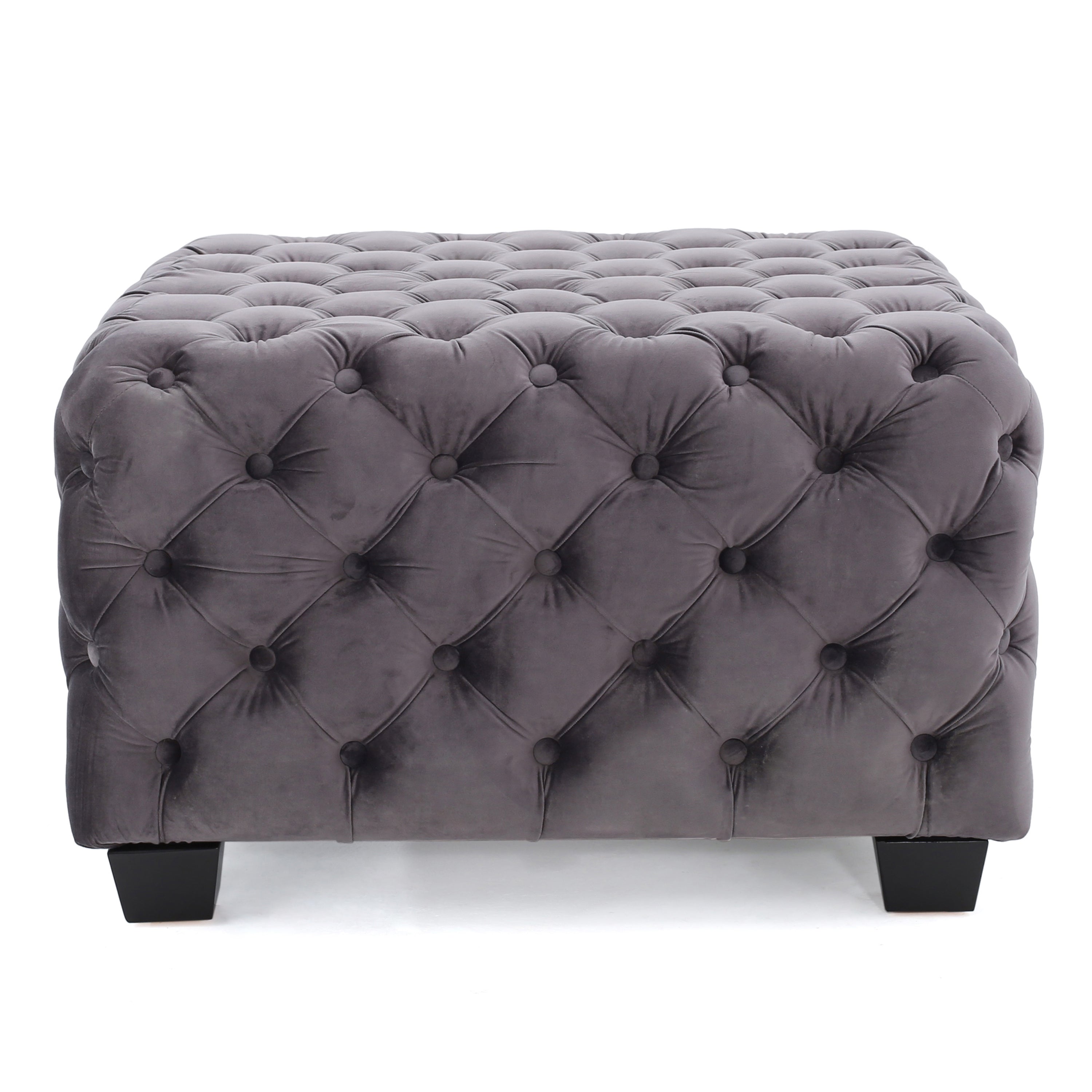 Modern Glam Velvet Ottoman with Button-Tufted Diamond Stitch Design in Grey