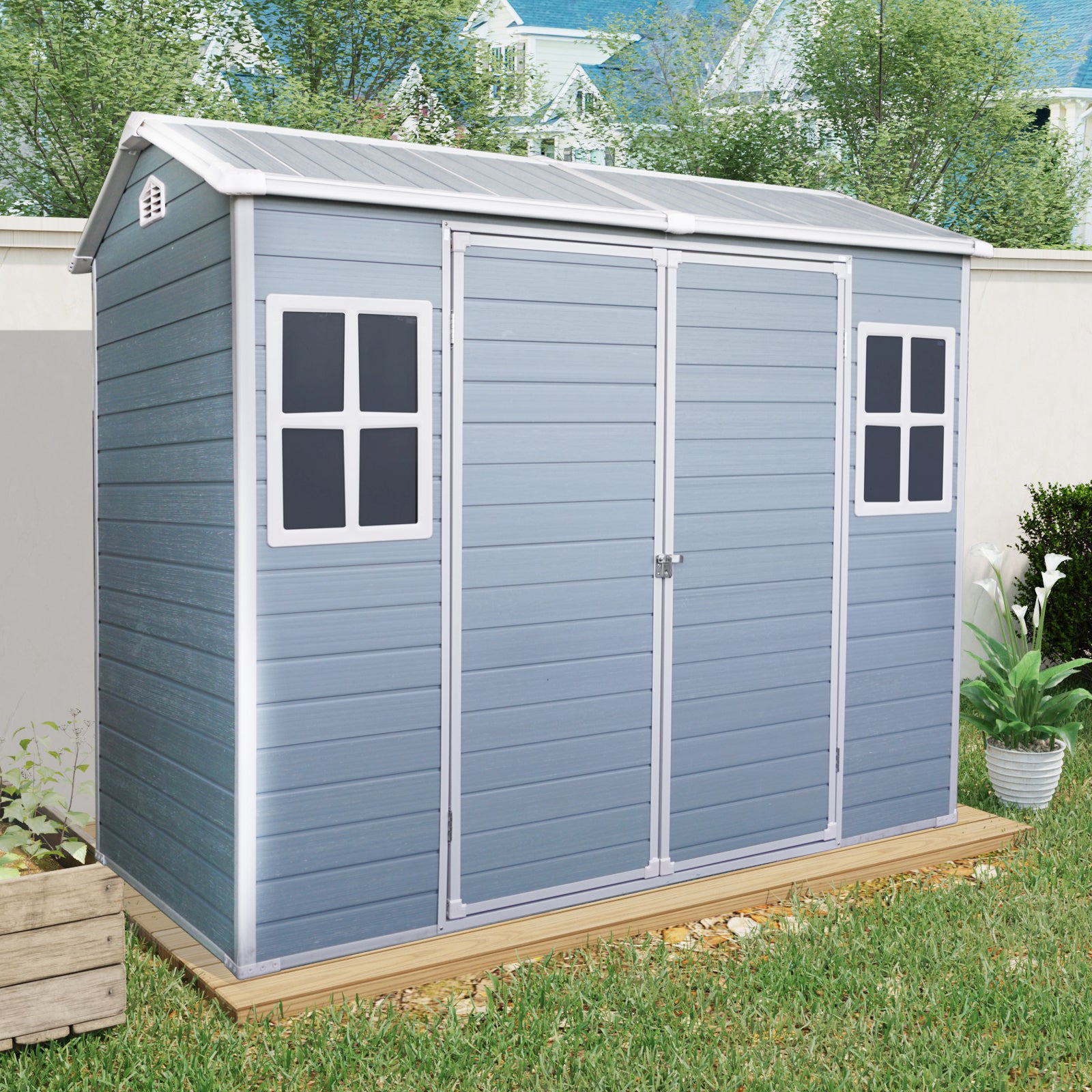 8 ft x 4 ft Outdoor Storage Shed with Two-Window and Double-Door, Plastic Shed with Floor for Gargen,Patio,Yard,Lawn,gray (W540S00045)