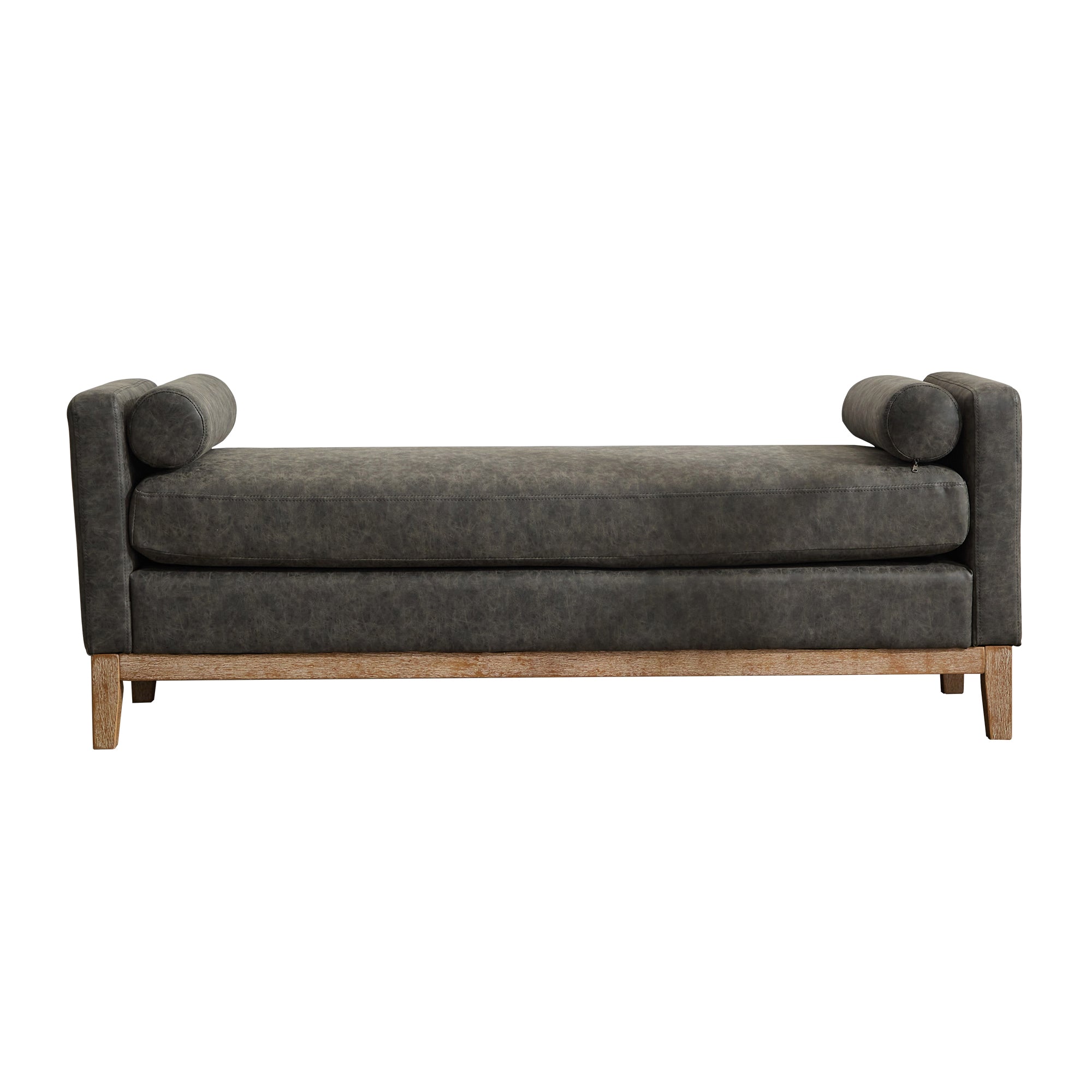 Elegant Upholstered Bench,Daybed,Ottman with Wood Legs & 2 Bolster Pillows, Gray PU, 66.34'W for Bedroom, Living Room, Entryway