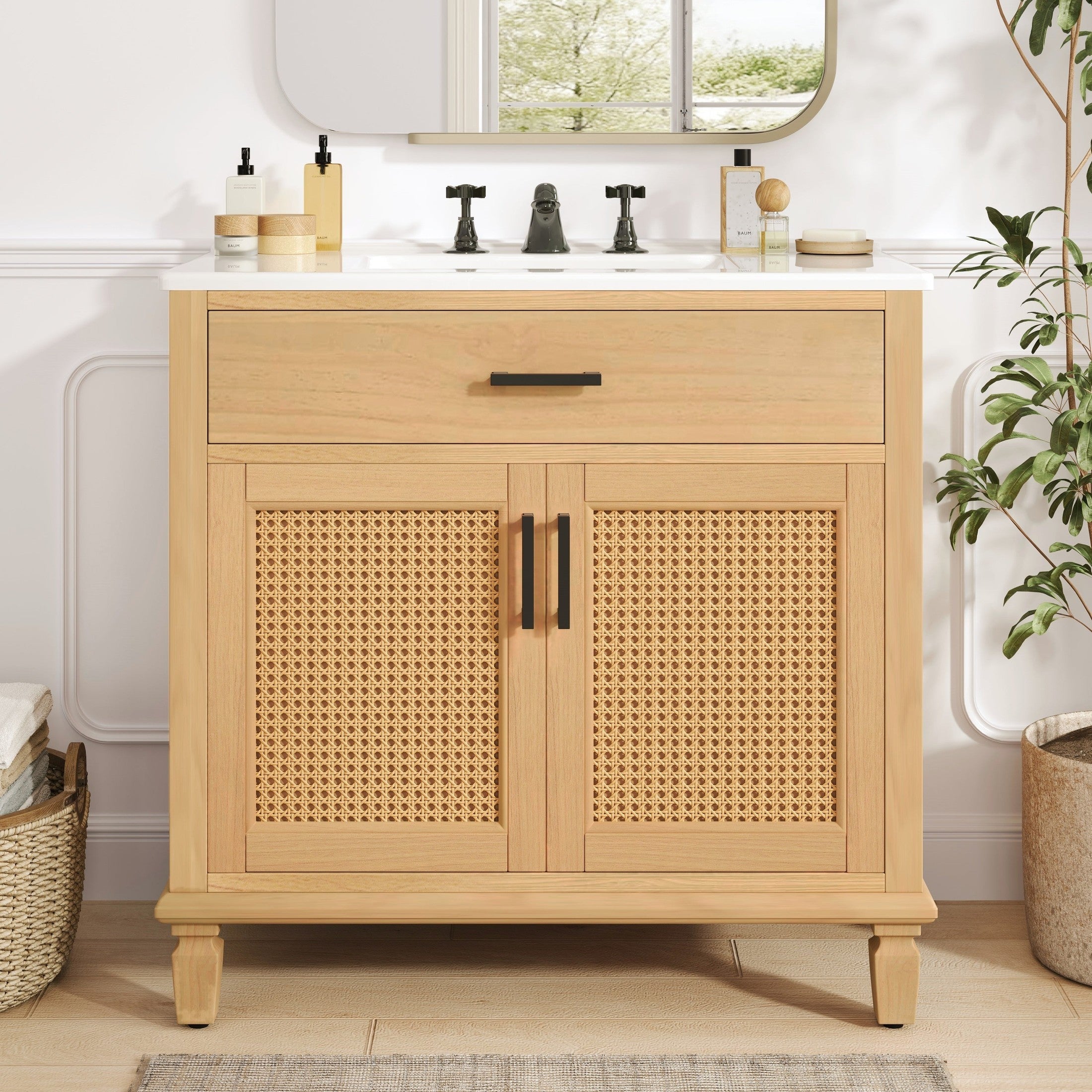 36' Rattan Bathroom Vanity with Ceramic Sink, Modern Bathroom Sink Cabinet with Soft Close Doors and Drawers, Free-standing Bathroom Vanity with Solid Wood Legs and Large Space Storage, Natural