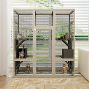 Large Outdoor Gray Wooden Catio – Solid Wood Cat Enclosure with 5 Platforms & 2 Resting Boxes, UV-Resistant & Waterproof Outdoor Cat House Shelter Playpen