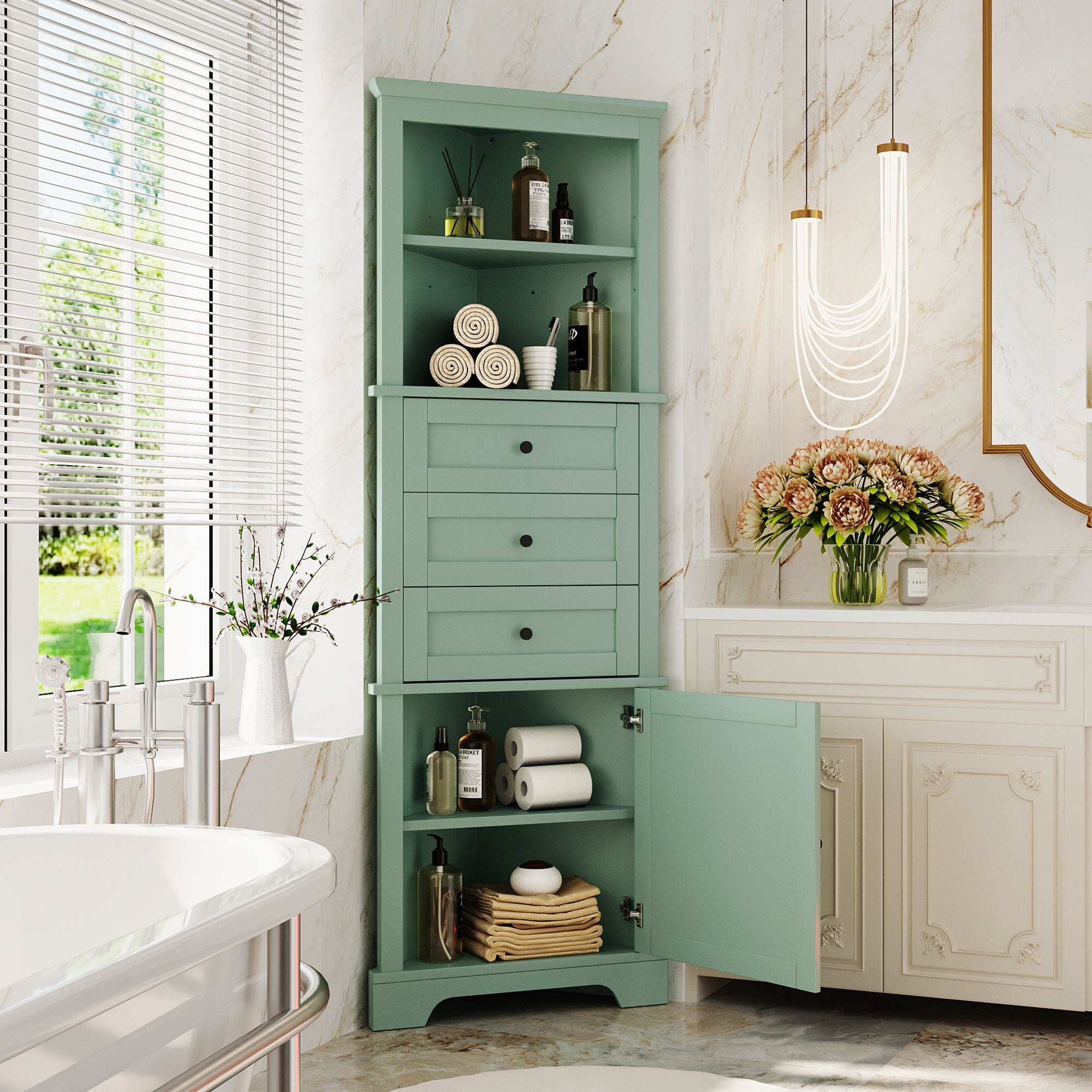 Green Triangle Tall Cabinet with 3 Drawers and Adjustable Shelves for Bathroom, Kitchen or Living Room, MDF Board with Painted Finish(Old Sku:WF306469AAG)