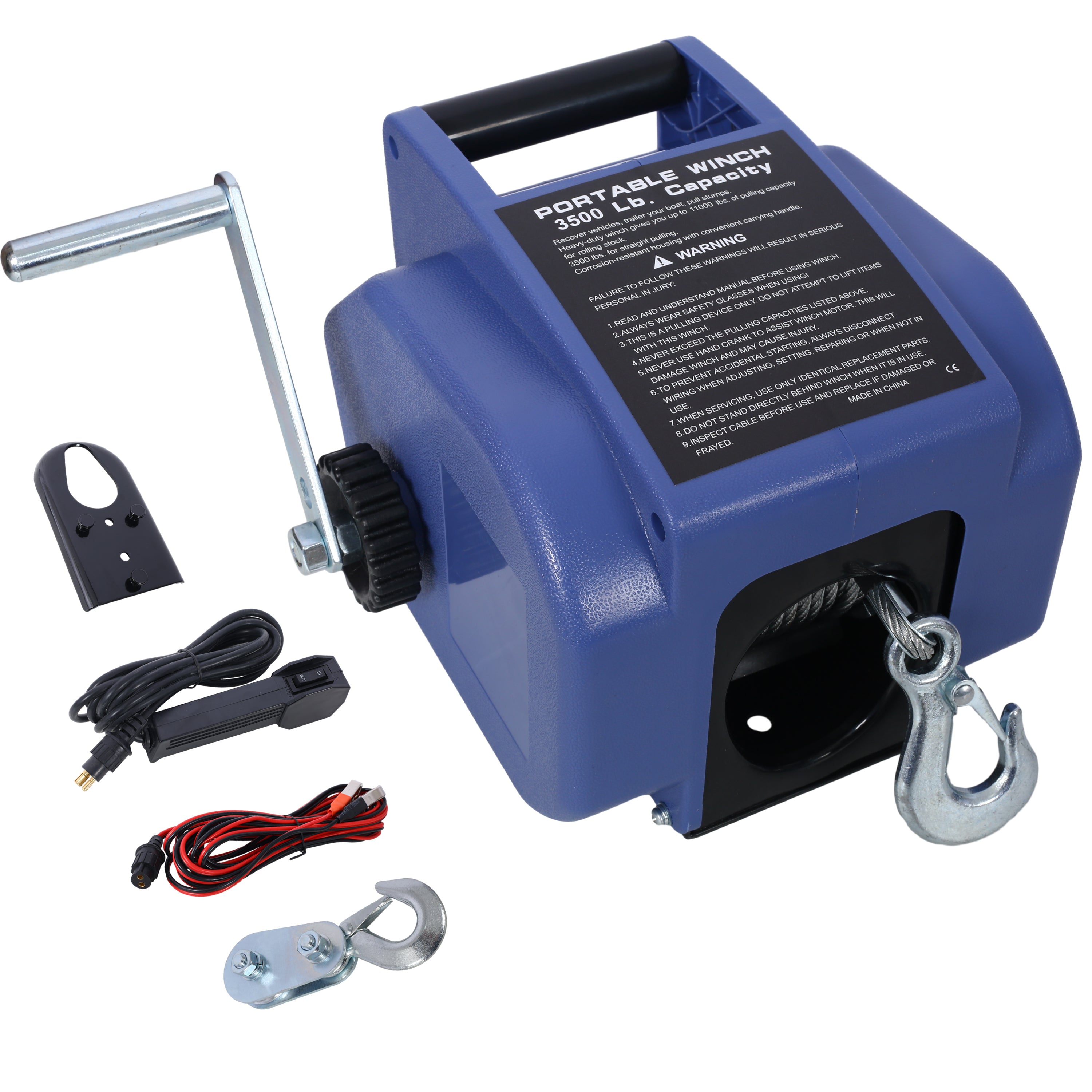 Reversible Electric 12V Trailer Winch for Boats up to 6000 lbs with Galvanized Wire Rope and Blue Plastic Casing