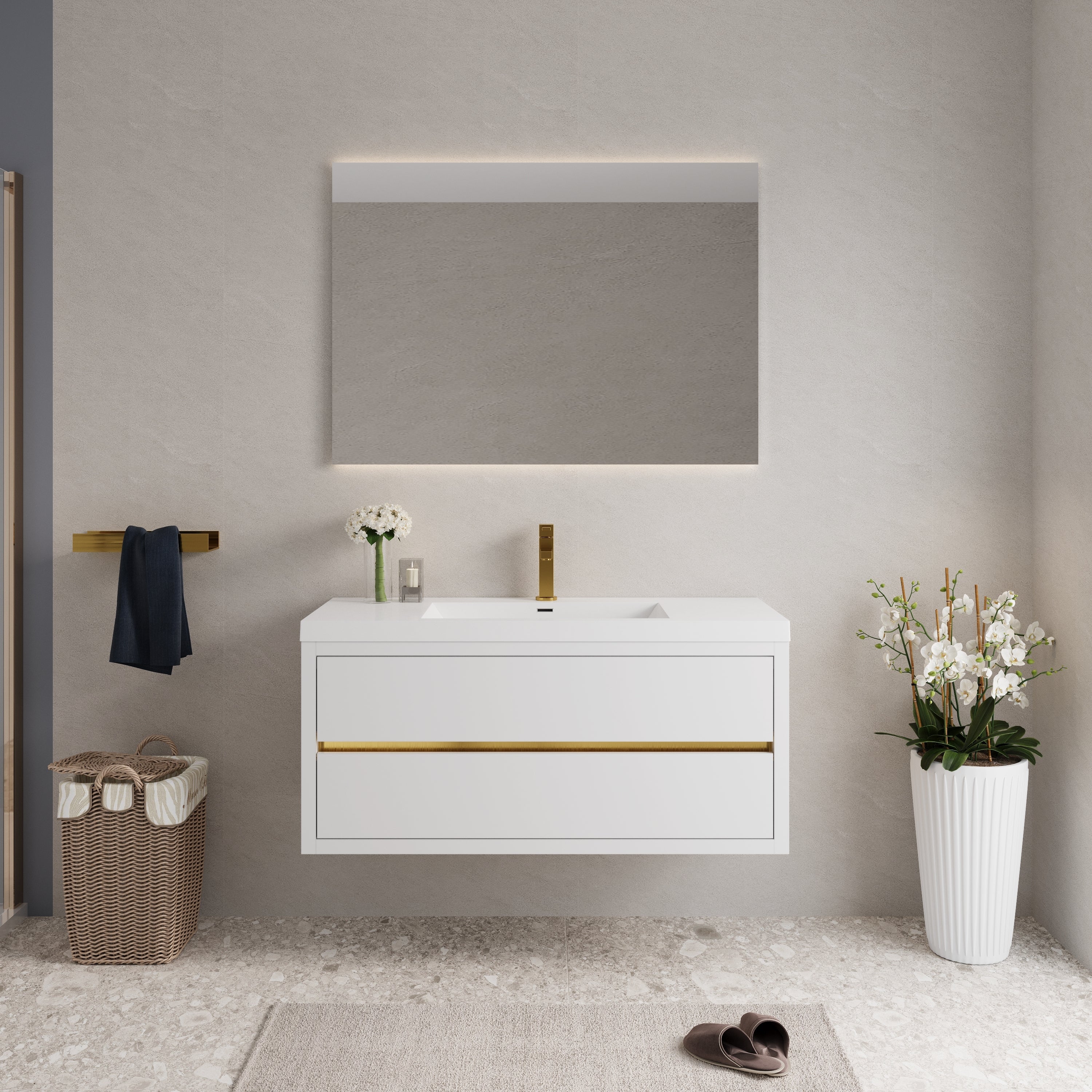 48' Wall-Mounted Bathroom Vanity with Sink, Floating Bathroom Storage Cabinet with Stone Resin Countertop and Soft Close Drawers, Glossy White 24V15-48GW