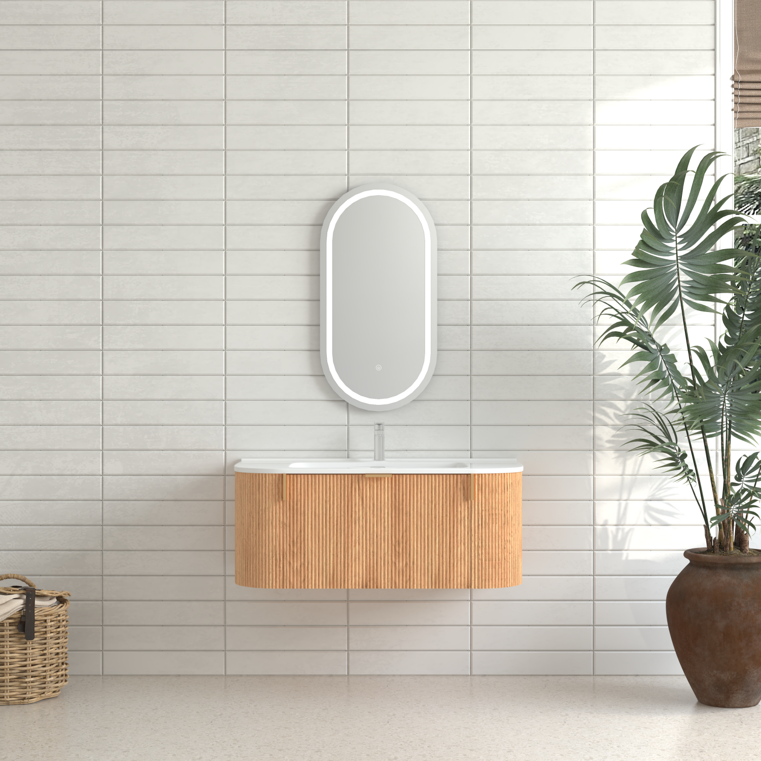 36' Bathroom Vanity, Solid Wood Wall-Mounted Floating Curved Edges Striped Bathroom Large Storage Cabinet with 2 Side Drawers, White Ceramic Basin without Faucet, Pre-assembled, Walnut Color