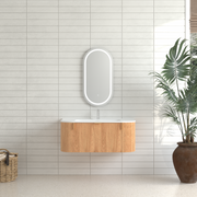 36' Bathroom Vanity, Solid Wood Wall-Mounted Floating Curved Edges Striped Bathroom Large Storage Cabinet with 2 Side Drawers, White Ceramic Basin without Faucet, Pre-assembled, Walnut Color