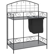 Outsunny Folding Potting Bench Table, Metal Garden Workstation, Work Bench with Large Build-In Bag with Cover, 5 Hanging Hooks & Storage Shelf, Flourishes