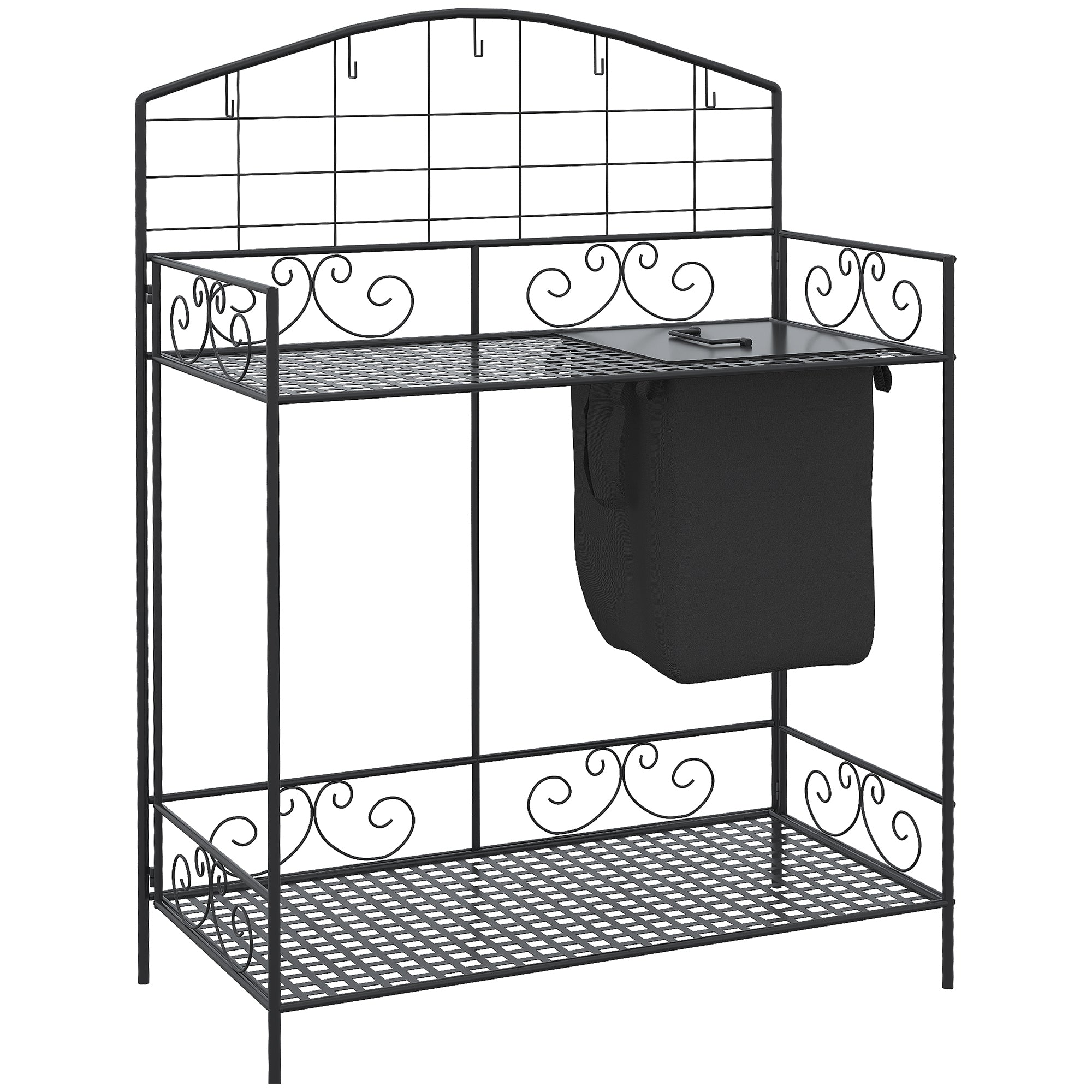 Outsunny Folding Potting Bench Table, Metal Garden Workstation, Work Bench with Large Build-In Bag with Cover, 5 Hanging Hooks & Storage Shelf, Flourishes