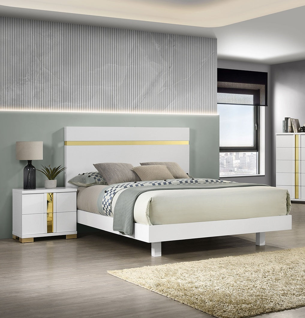 Modern White 3pc Bedroom Set Est King Size Bed w LED 2x Nightstands Mattress Ready Furniture Acrylic Trim