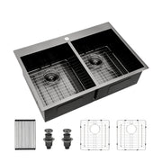 Gunmetal Black Double Bowl Drop-In Kitchen Sink 33'x22' 16 Gauge Stainless Steel with Two 9' Deep Basins