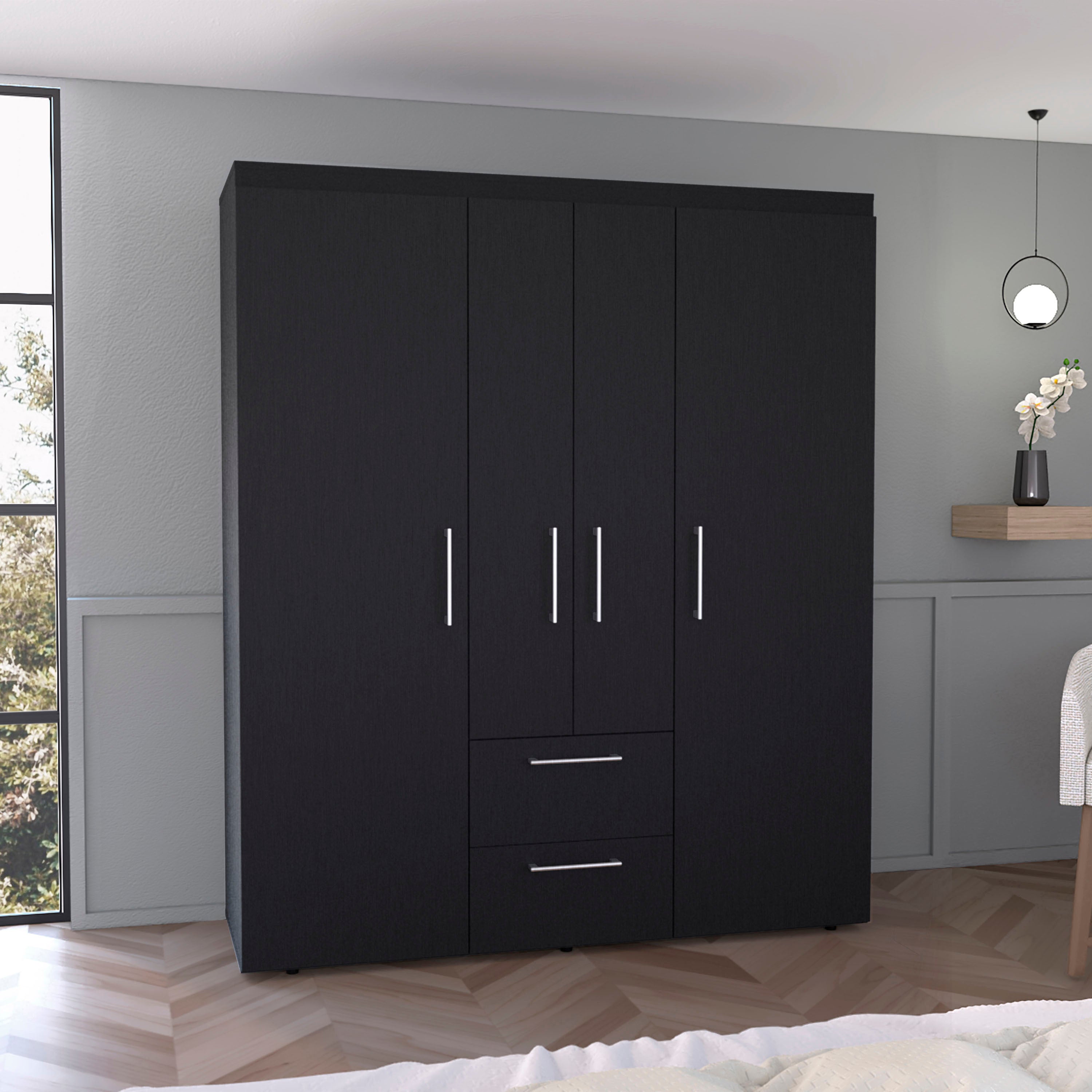Bariloche Wardrobe, Multi-Section Storage with Hanging Rods, Shelves, and 2 Drawers