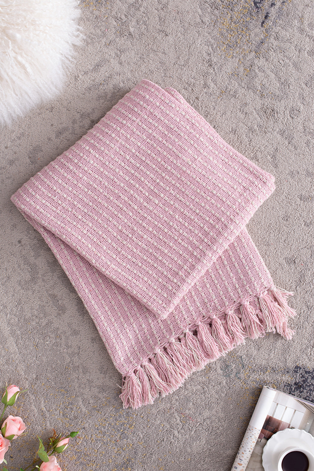 50x60' Decorative Pink and Tan Cotton Throw Blanket with Tassels, 2 Pack