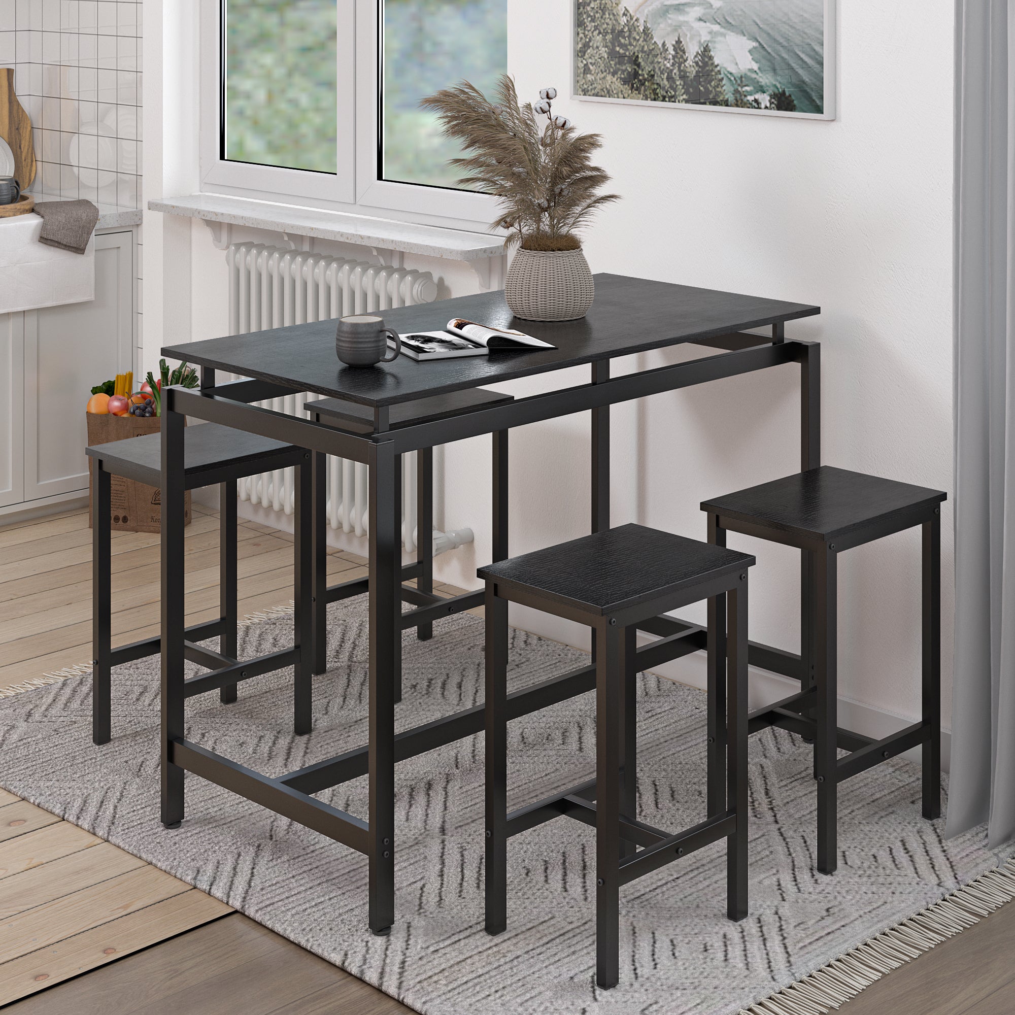 5 Pieces Dining Table Set for 4,Black Bar Table Set with 4 Bar Stools Counter Height Bar Table and Chairs Set. Pub Table Set Breakfast Table for Kitchen, Small Space