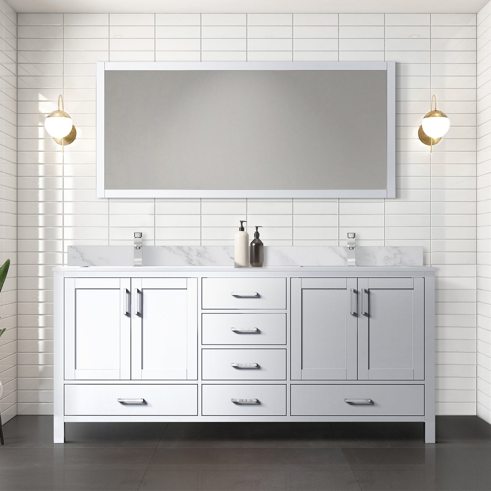 White Double Bath Vanity 72 in. W x 22 in. D, Carrara Marble Top, and Faucet Set