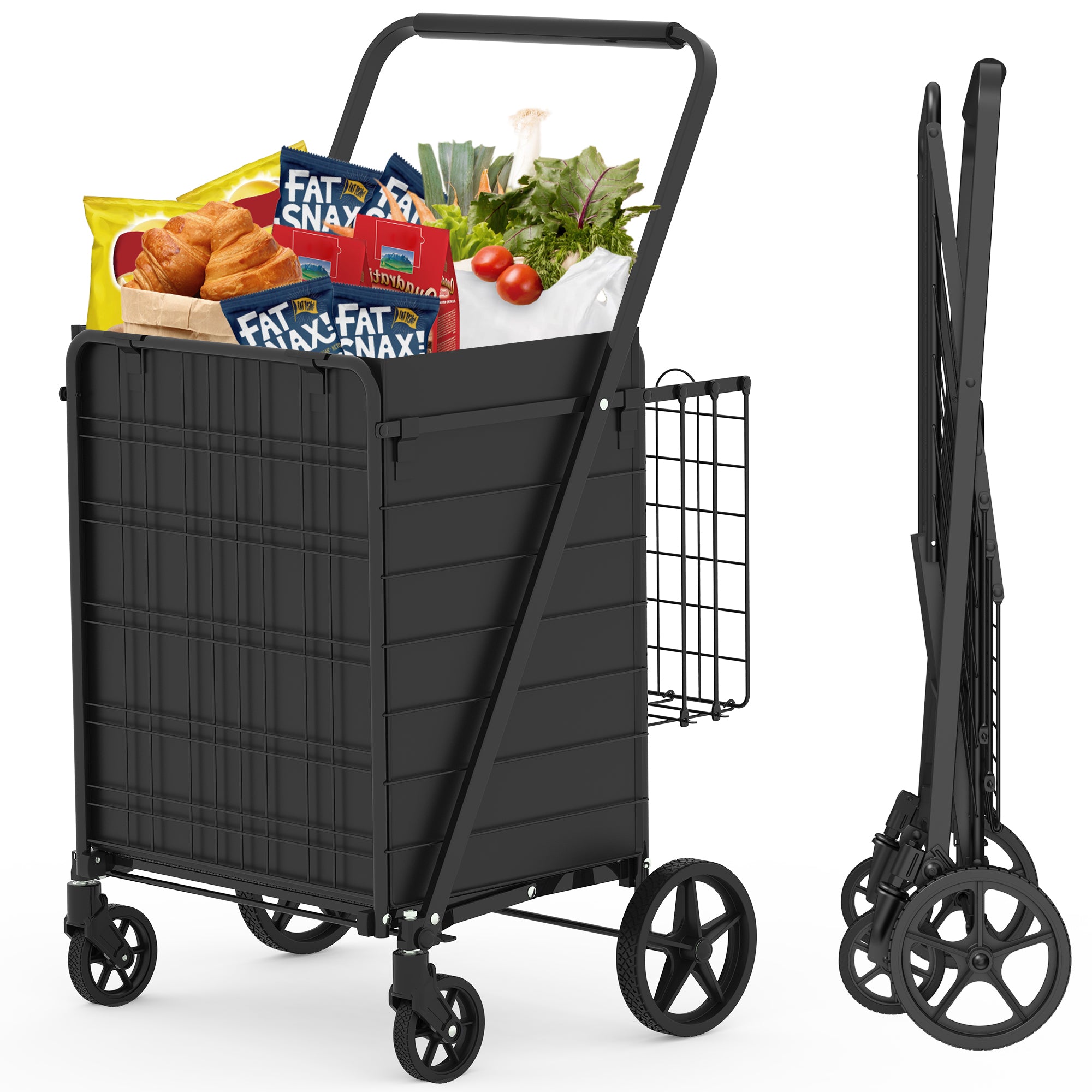 Extra Large Shopping Cart,Grocery Cart on Wheels, Foldable Utility Shopping Carts with Double Basket and 360° Rolling Swivel Wheels for Groceries Laundry
