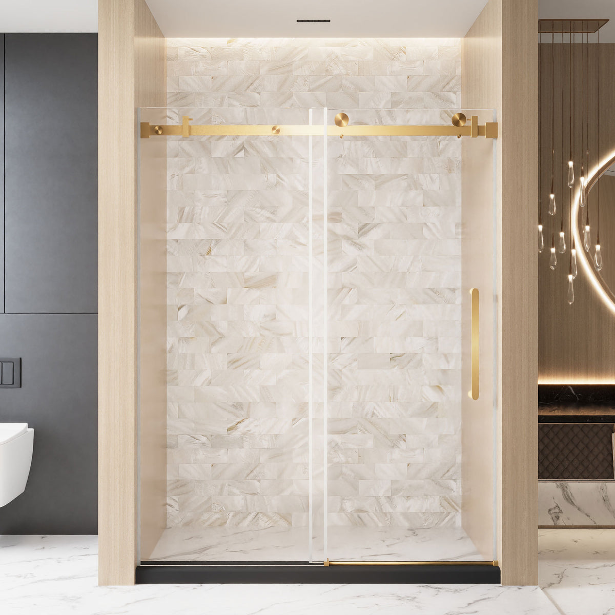 Frameless Single sliding shower door  56-60 'W x 76' H, 1/4 '(6 mm) Clear Tempered Glass, Explosion Proof Film, Stainless Steel Handle Square Tube Track ,Brushed Gold