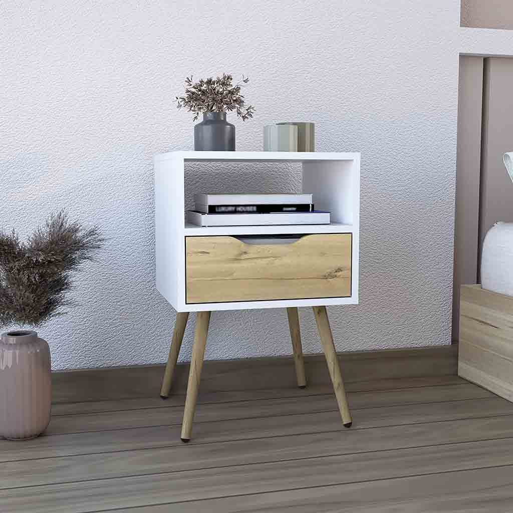 Nightstand 25'H, Superior Top, Four Legs, One Open Shelf, One Drawer, White / Light Oak