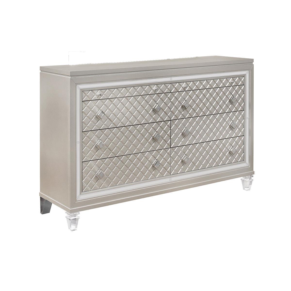 CROSS GLAM Champagne Dresser with Jewel Embellished Hardware and Mirror Accents in Solid Wood and MDF