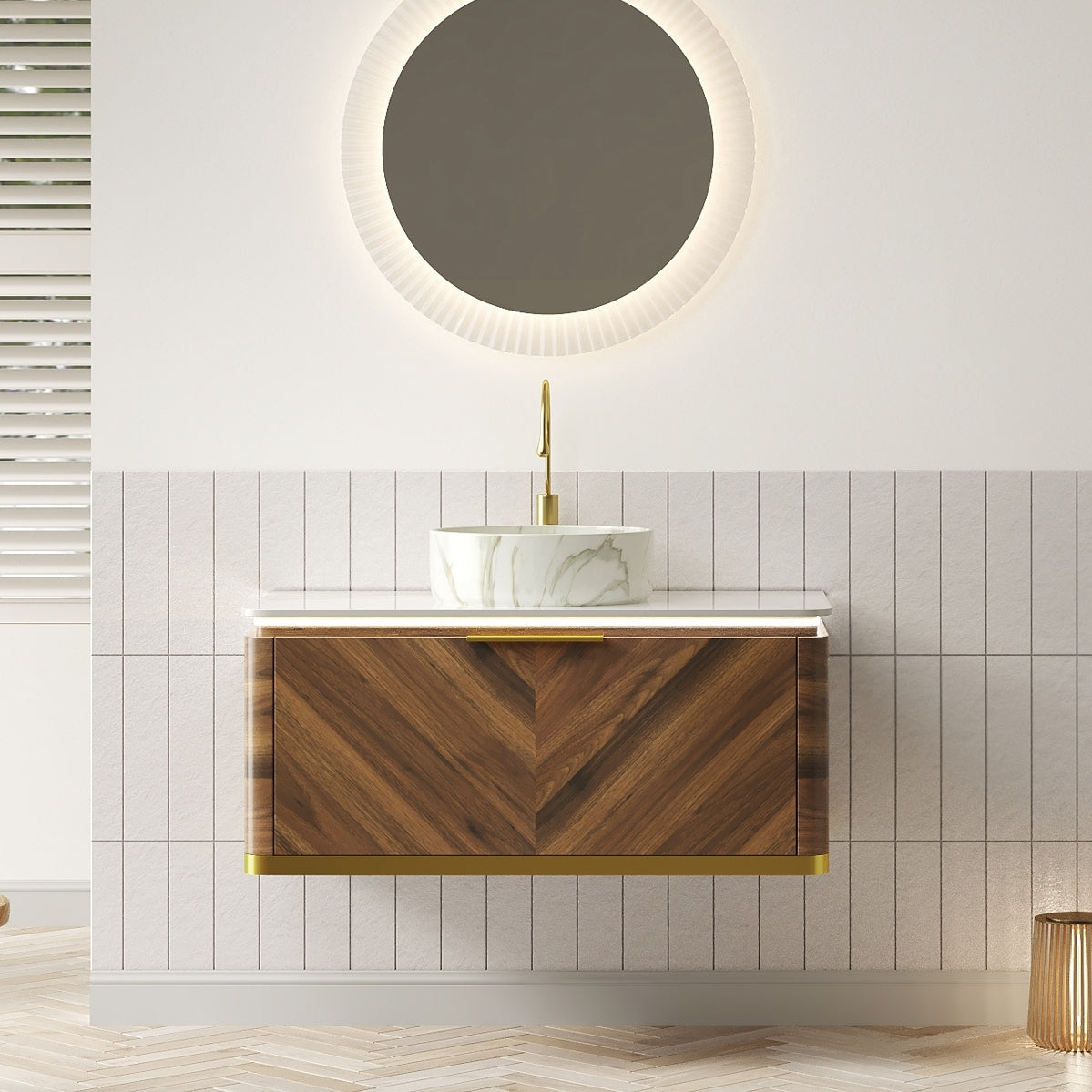 DIPA 36' Bathroom Vanity&Sink, Floating Plywood Storage Cabinet with Sensor Light, Drawer, Stone Pattern White Round Ceramic Vessel Basin&Sintered Stone Top, Pre-assembled, Dark Walnut Woodgrain Color
