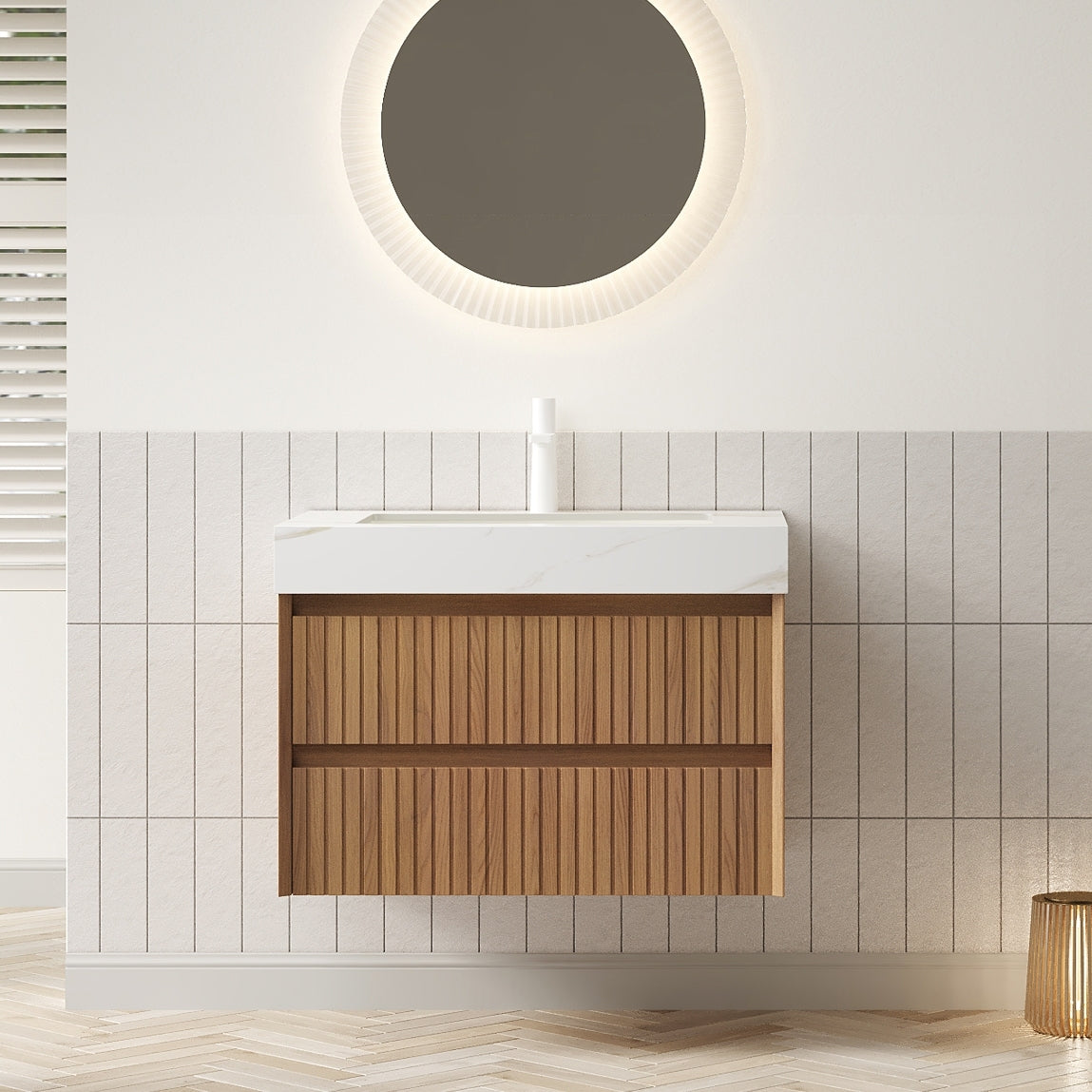 TILLEY 30' Bathroom Vanity&Sink, Wall-Mounted Stripe Plywood Storage Cabinet with 2 Drawers, Calacatta Gold Sintered Stone Top with Ceramic Undermount Basin, Pre-assembled, Brown Oak Woodgrain Color