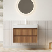 TILLEY 30' Bathroom Vanity&Sink, Wall-Mounted Stripe Plywood Storage Cabinet with 2 Drawers, Calacatta Gold Sintered Stone Top with Ceramic Undermount Basin, Pre-assembled, Brown Oak Woodgrain Color